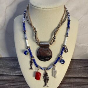 NWT Free People Swimming Up Stream layered necklace blue whit silver fish